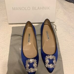 Manolo Blahnik Royal Blue Satin Flats with Embellishments worn once for wedding